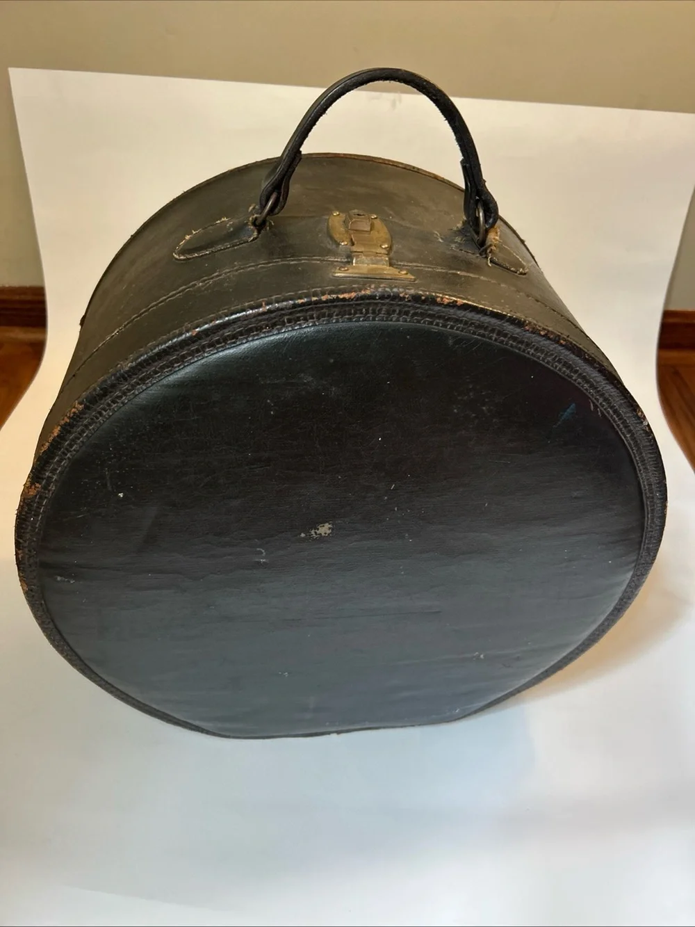Black Round Leather Hat Box Bag with Top Handle